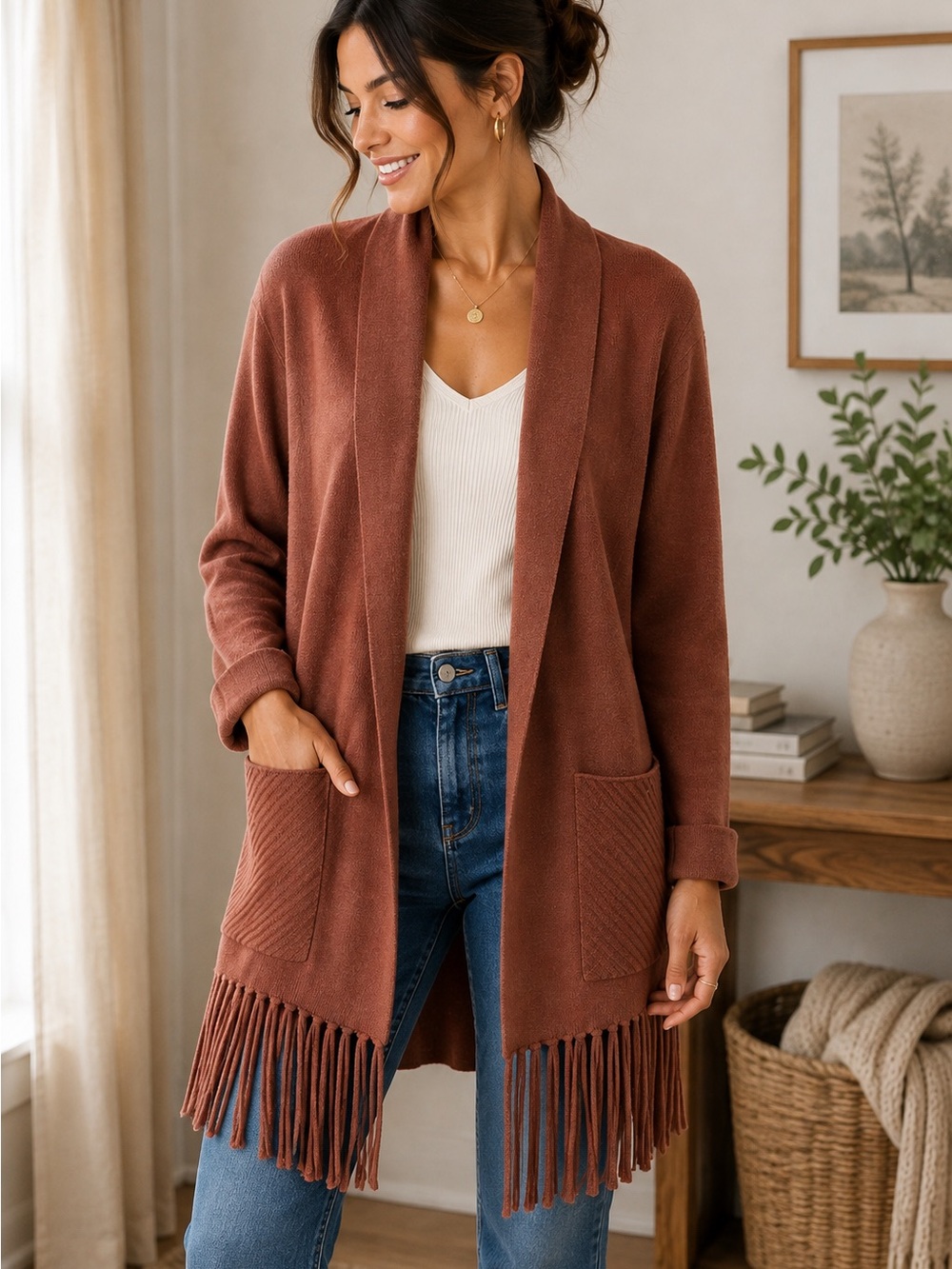 Tahari Rust Fringe Open-Front Women's Cardigan